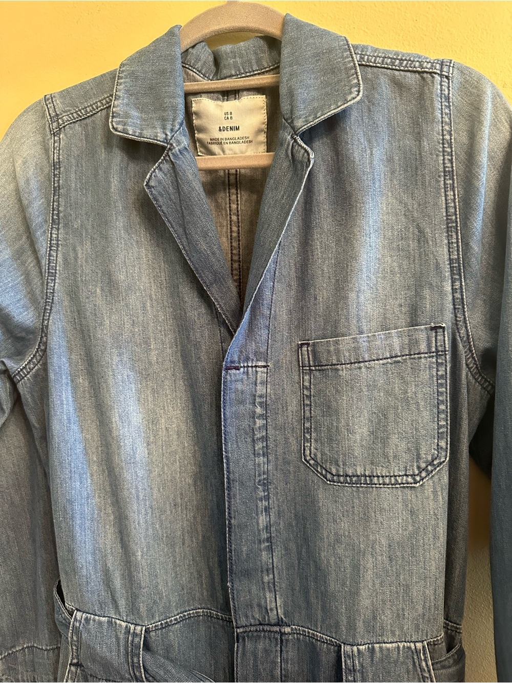 &Denim Chambray Belted Wide Leg Jumpsuit Women's Medium Button Front Sz 8 - Picture 10 of 14